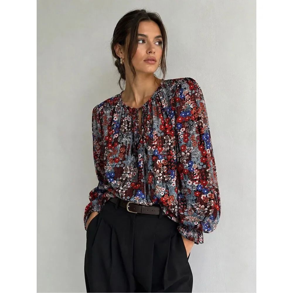 Luxury Boutique Floral Print Tie Neck Long Sleeve Boho Blouse Size M